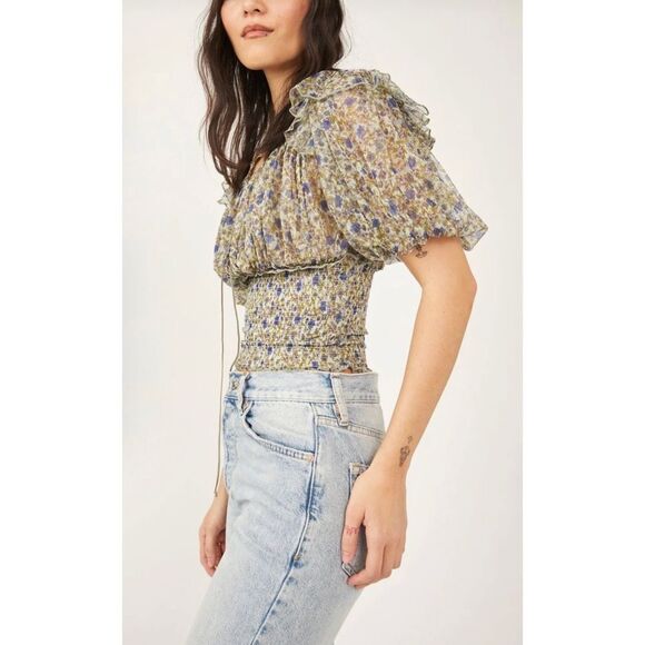 Free People Beatrice Floral-print Smocked Top In Mint Combo Size Small - Picture 3 of 12